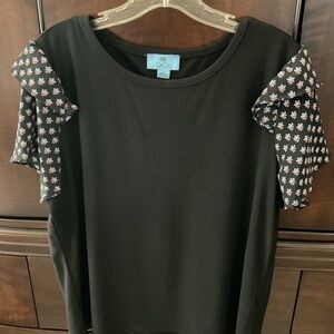 CeCe Black Top with Floral Ruffle Sleeves